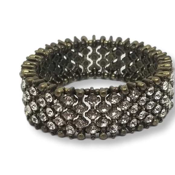VINTAGE ANTIQUED BRASS & WHITE RHINESTONE MESH DESIGN STRETCH BRACELET - Picture 5 of 7